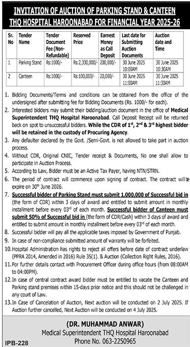 THQ Hospital Haroonabad Tender Notice